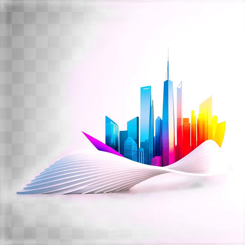 futuristic cityscape with skyscrapers and a curved wave design