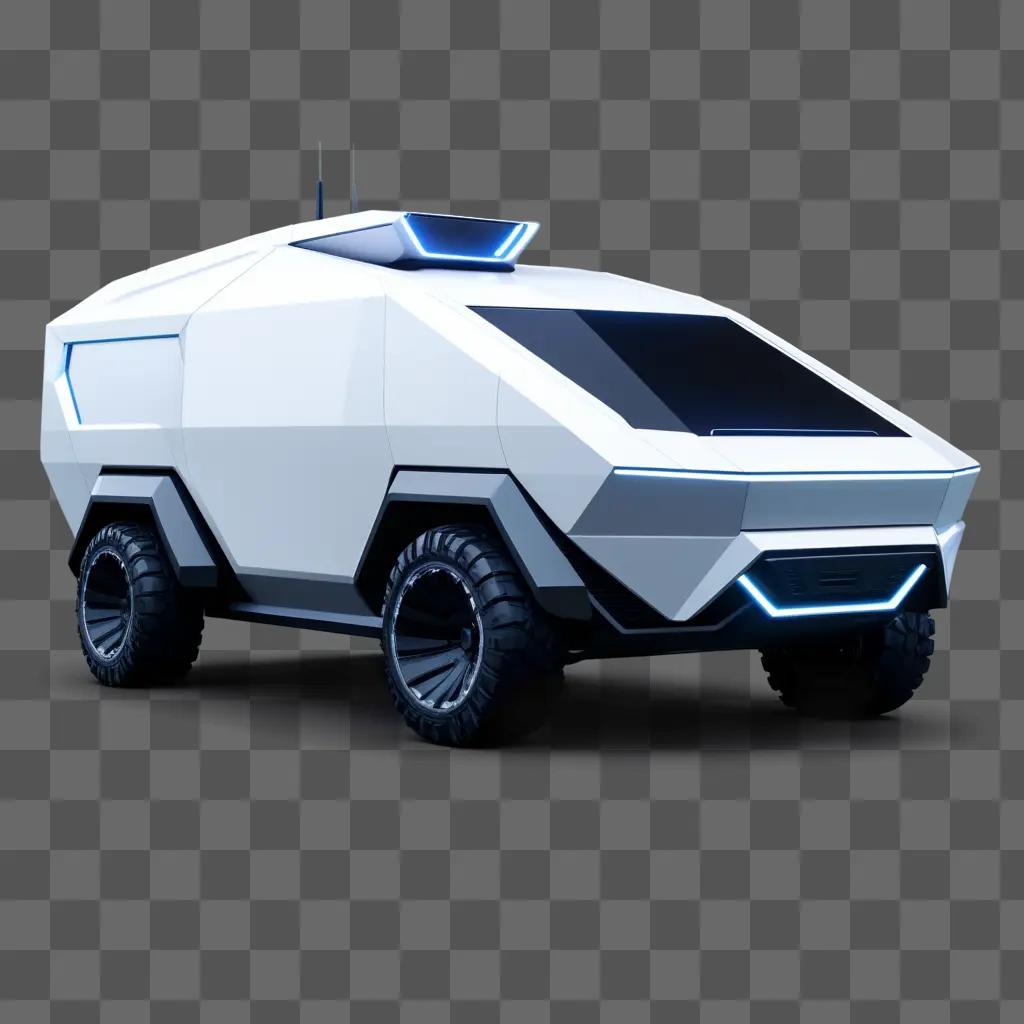 futuristic cybertruck with blue lights and a black roof