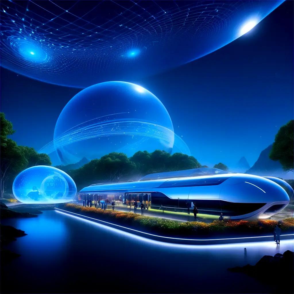 futuristic train station with people and blue spheres