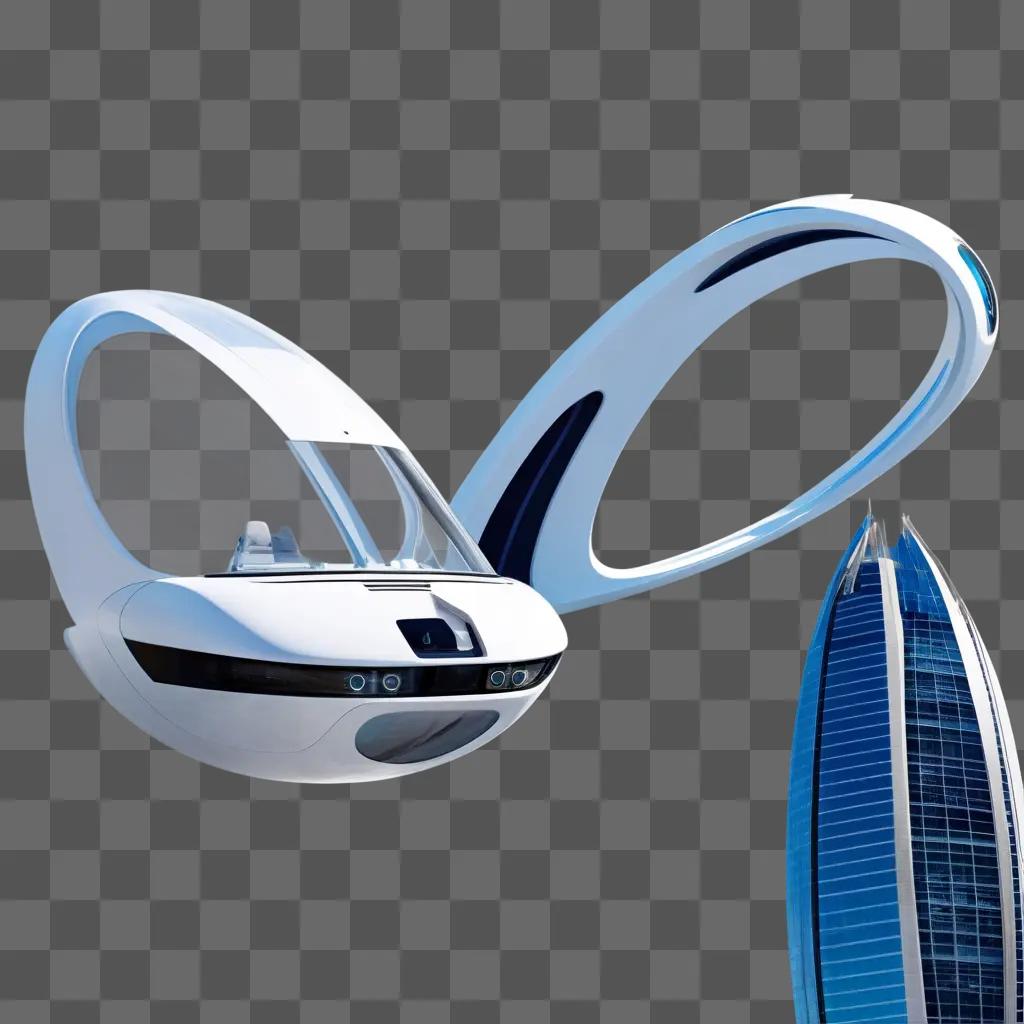 futuristic vehicle floats near a building in 2024