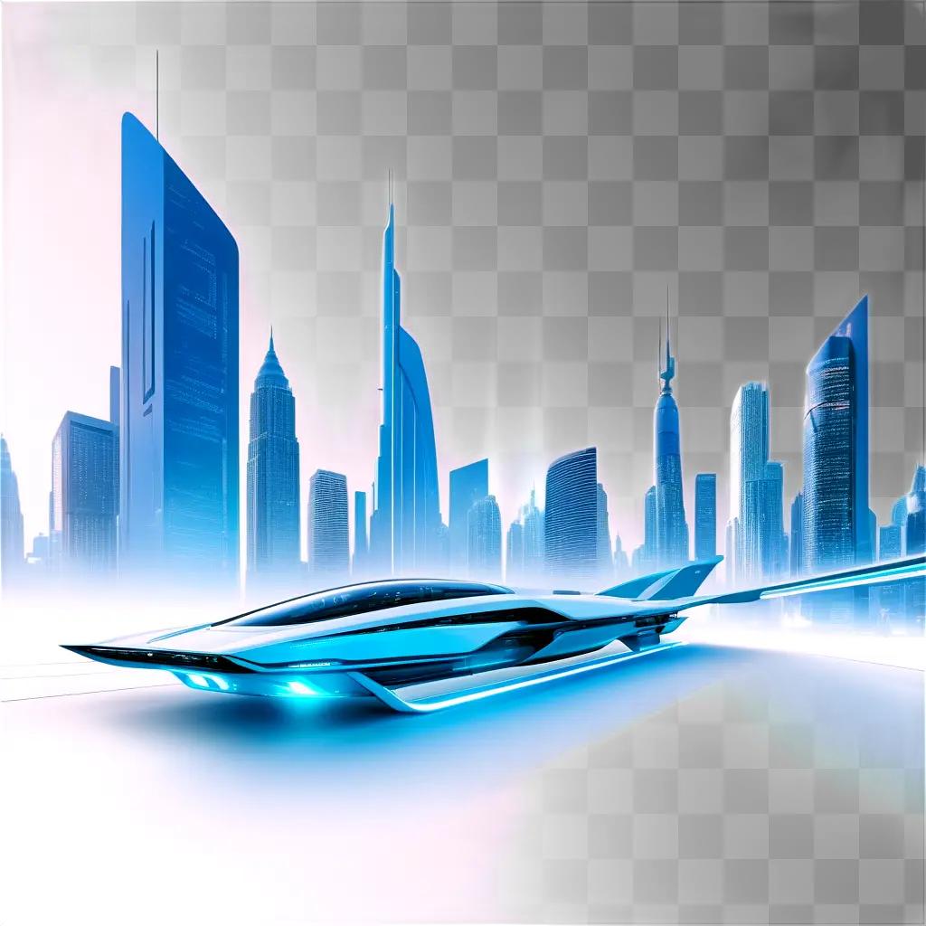 futuristic vehicle in cityscape with make up on building