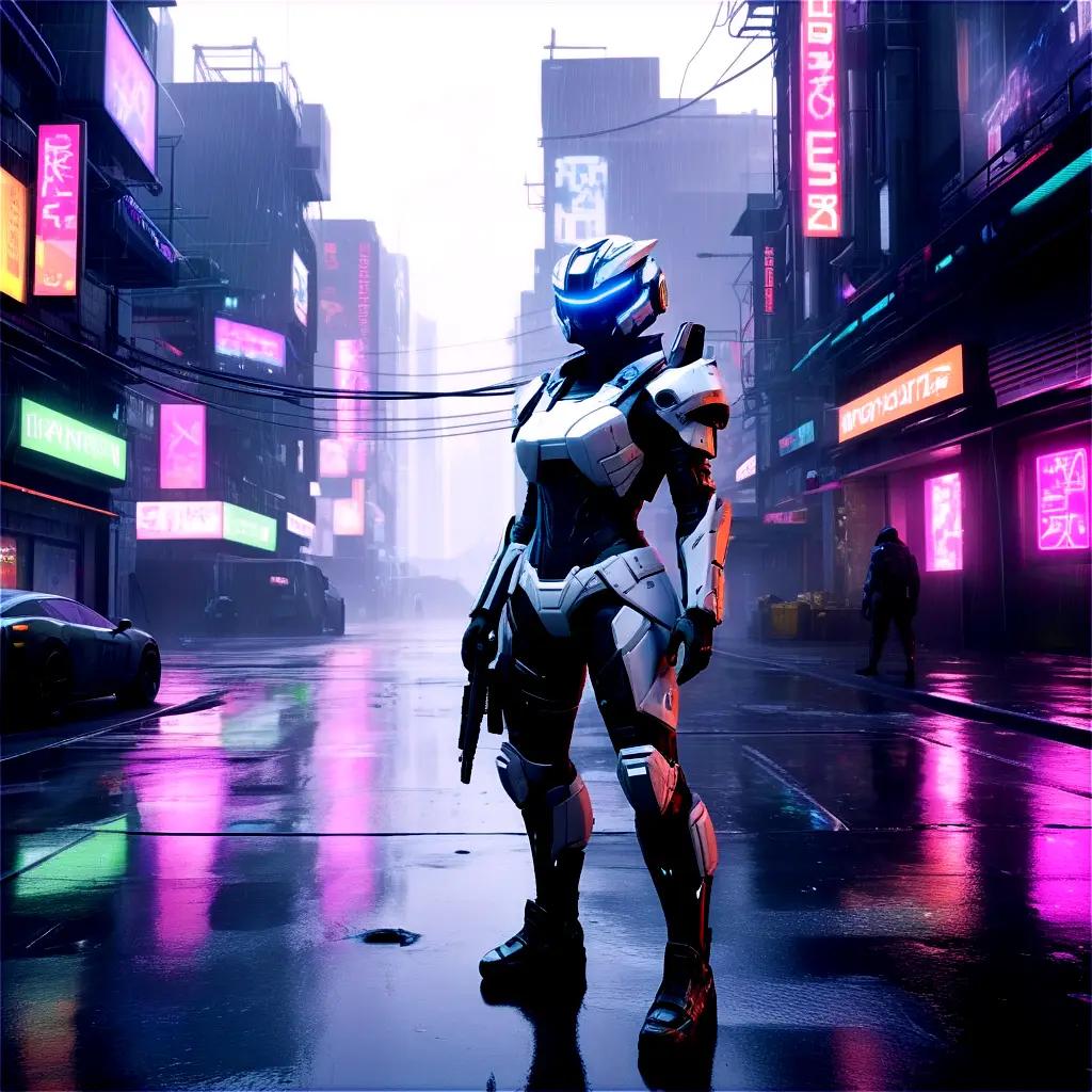 futuristic video game character walks through a neon-lit city