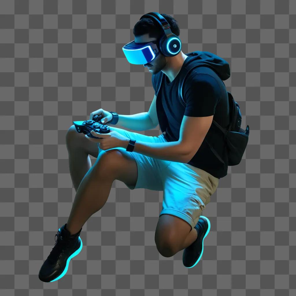 gamer with headphones and a backpack plays video games