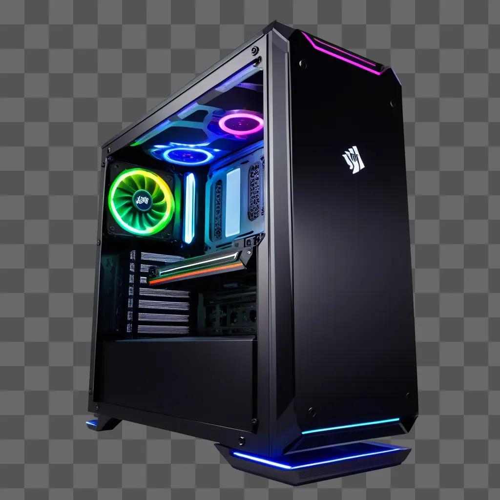 gaming PC with glowing lights and a black frame