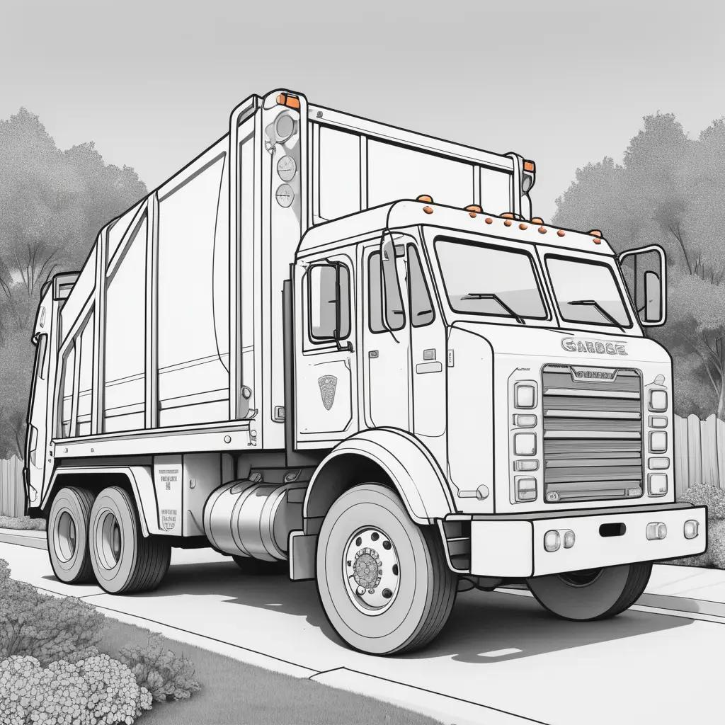 garbage truck coloring page featuring a white truck with a black hood and windshield wipers