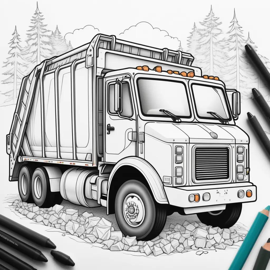 garbage truck coloring page with a forest background