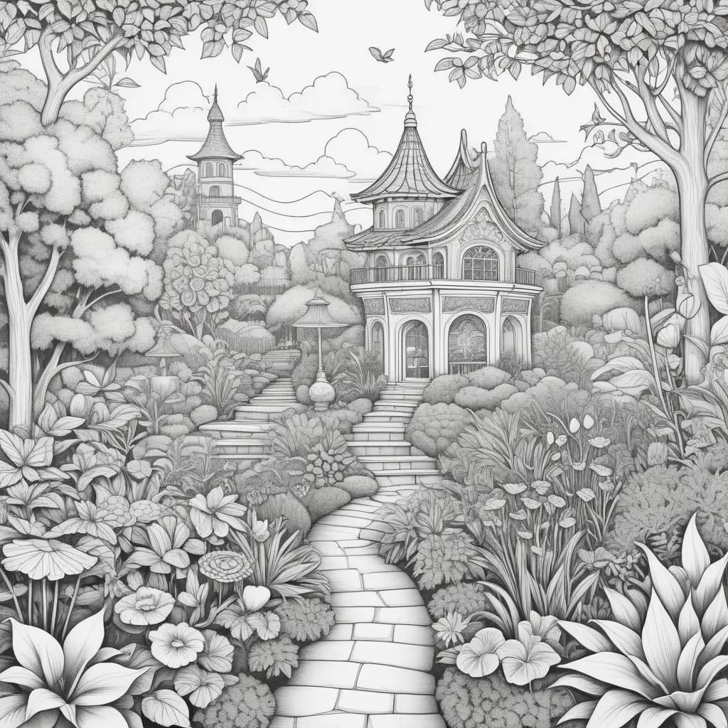 garden coloring page with a drawing of a building