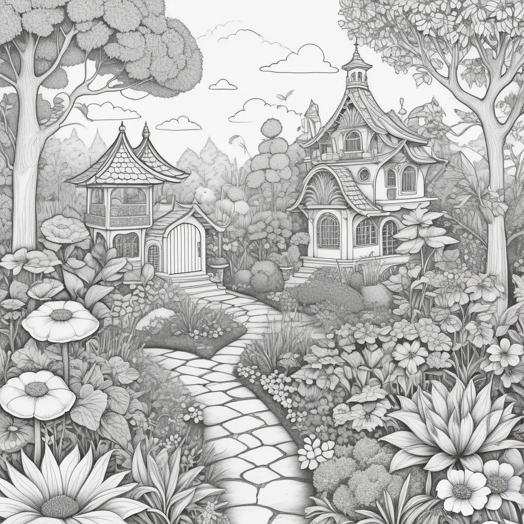 garden of banban coloring pages with a path, house, and flowers