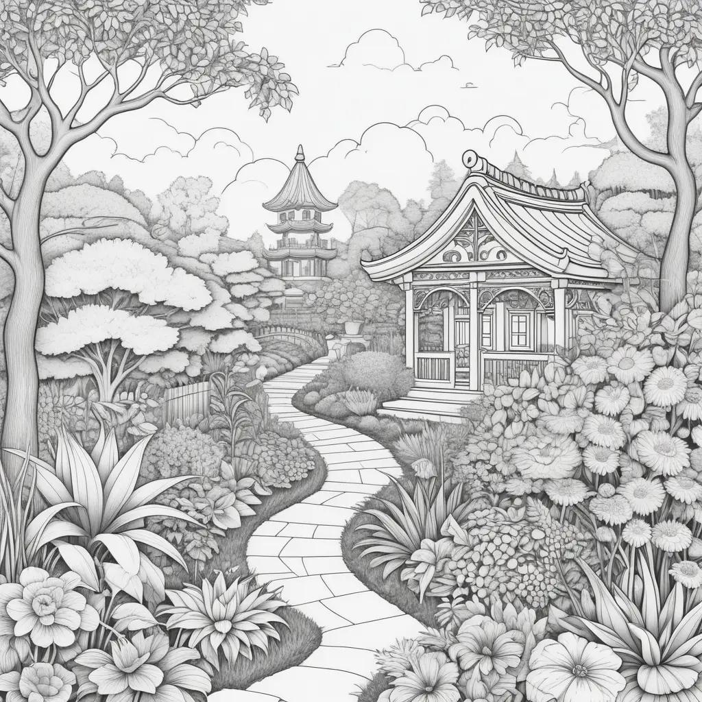 garden of banban coloring pages with a path and a temple