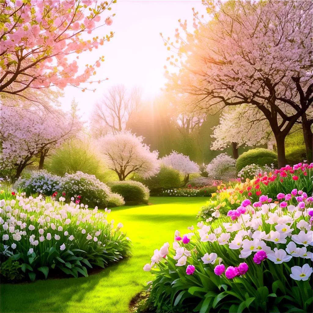 garden with pink and white flowers in full bloom