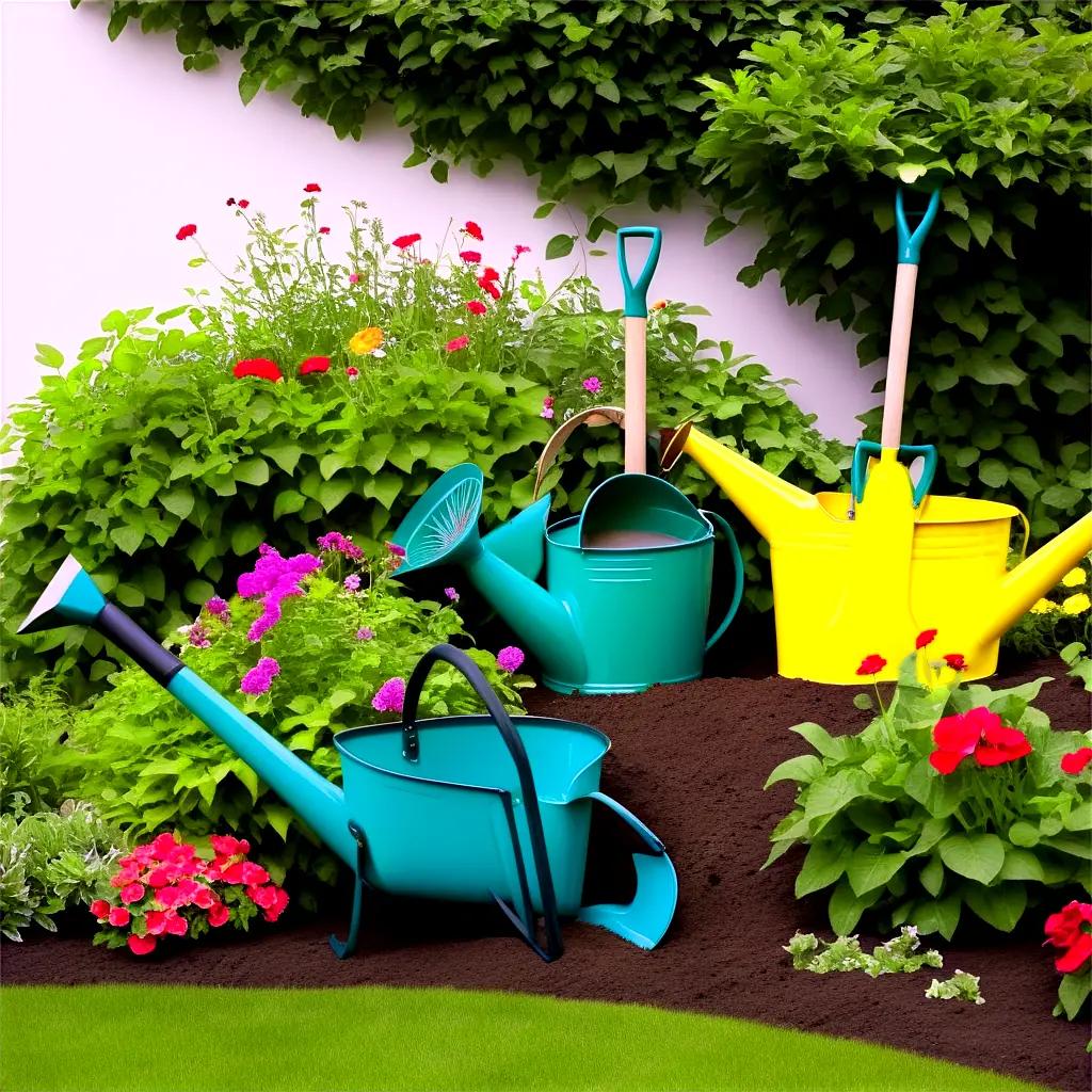 garden with watering cans and shovels