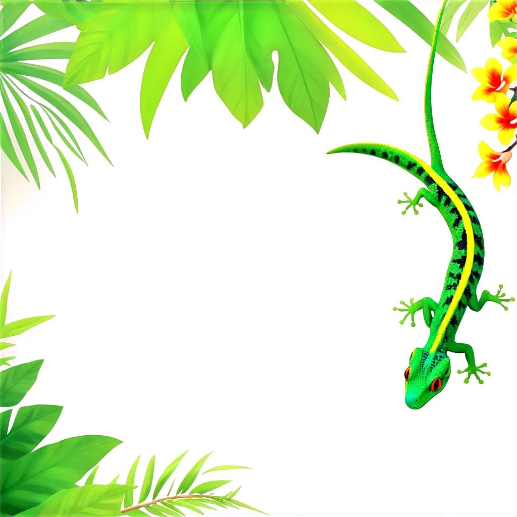 gecko with a green body and red eyes rests amidst green leaves