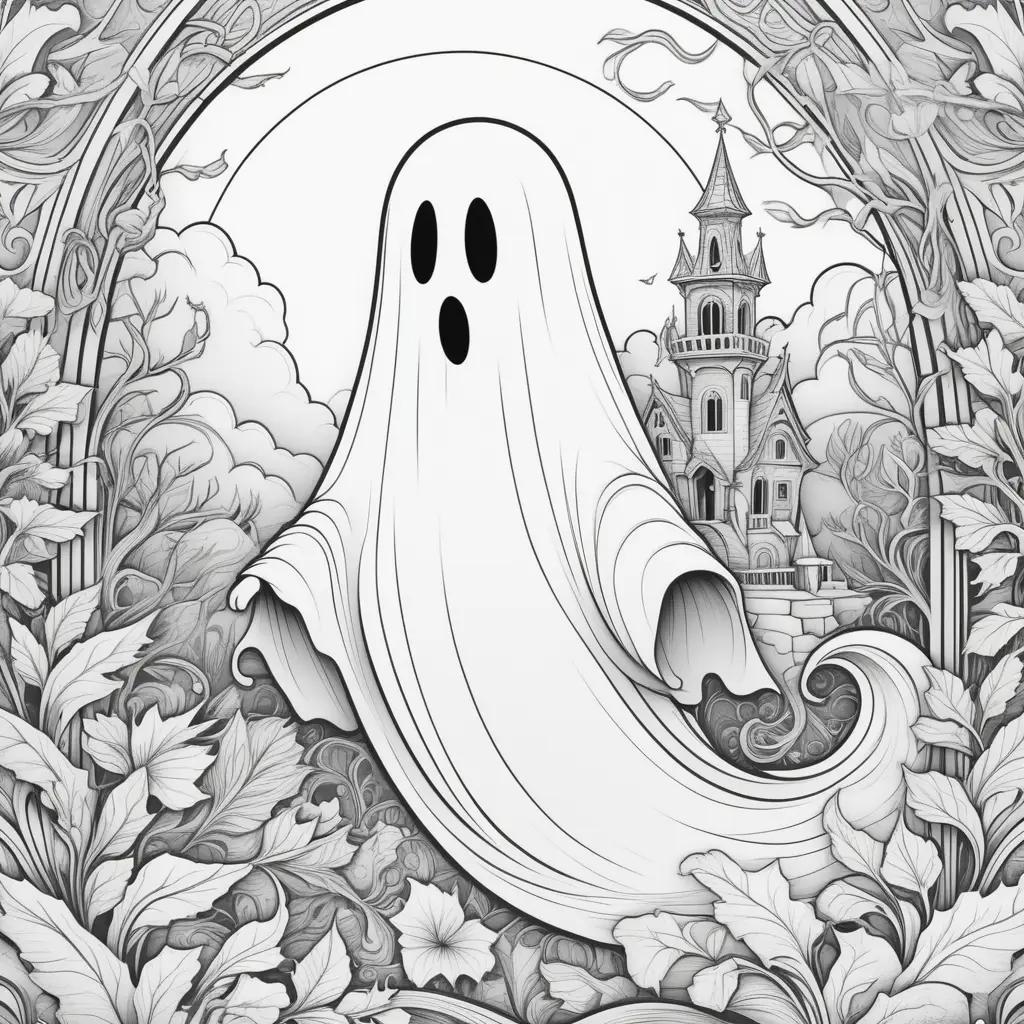 ghost coloring page with a castle in the background