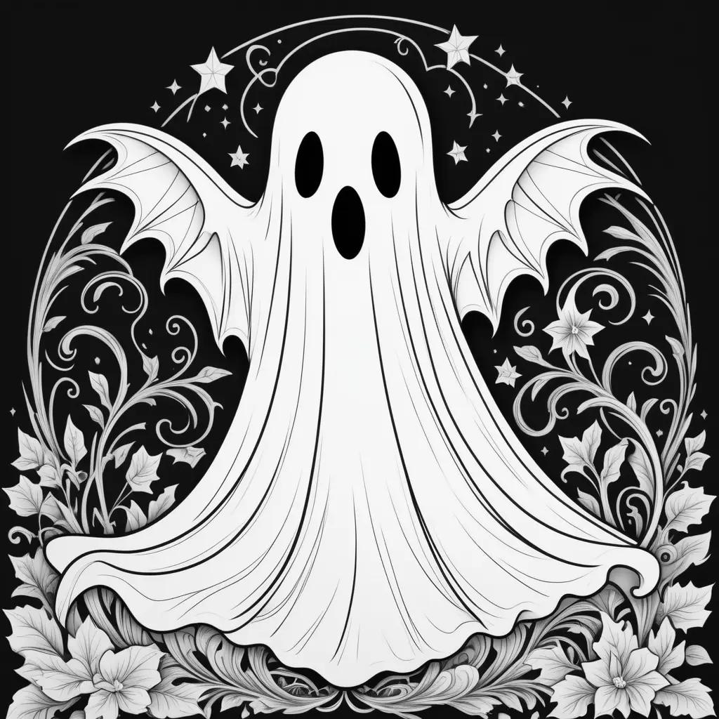 ghost coloring page with black and white design elements