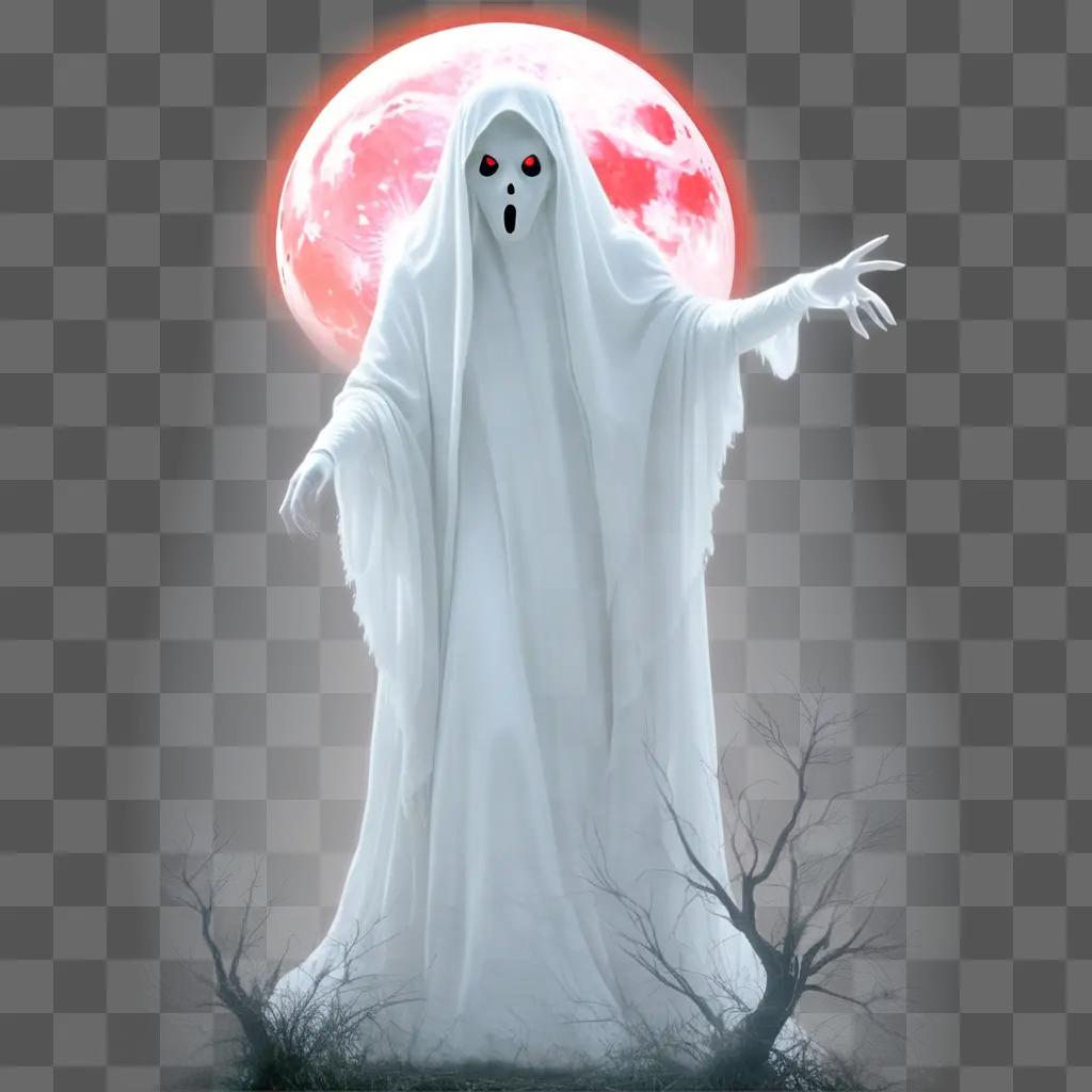 ghostly figure in white with glowing red eyes and a red moon in the background