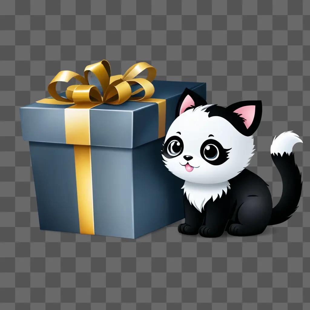 gift clipart A black and white cat sits next to a gift box