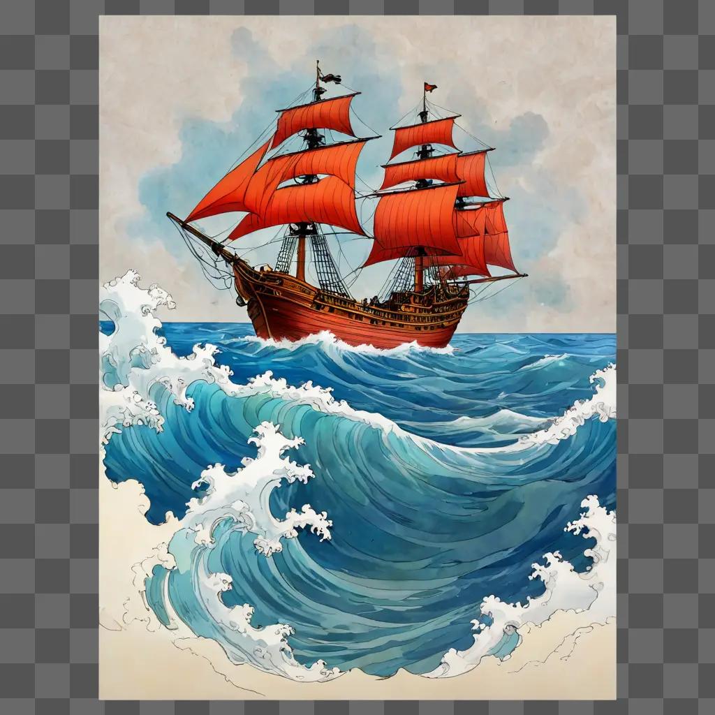 gift drawing with colour A red ship with sails on a blue ocean