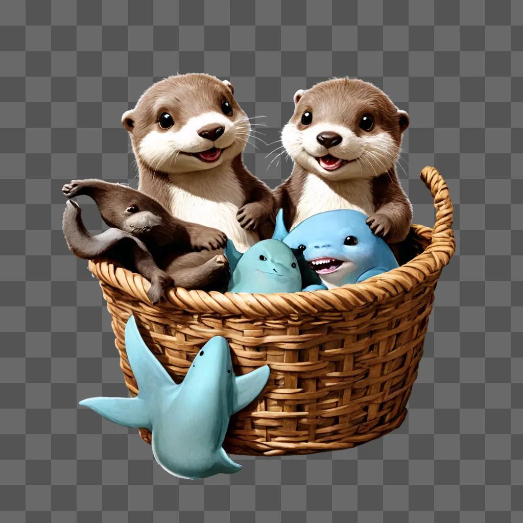 gift drawing with colour Two otters sit in a basket with stuffed animals