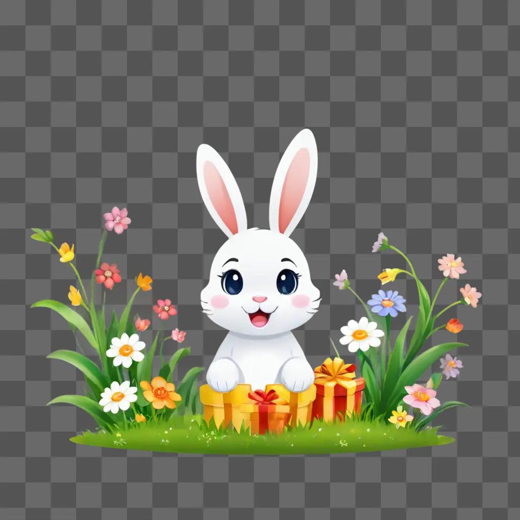 gift emoji A bunny sits in a field of flowers with presents