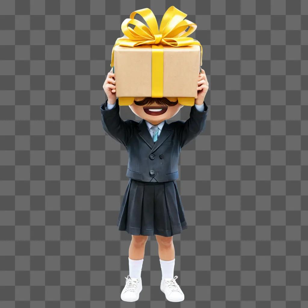 gift emoji A child in a suit and tie holds a large gift box