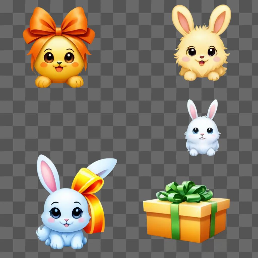 gift emoji Four cute animals and a gift box on a beige background