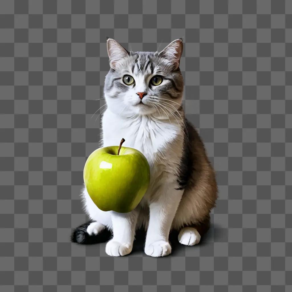 gift sketch A grey and white cat holding a green apple