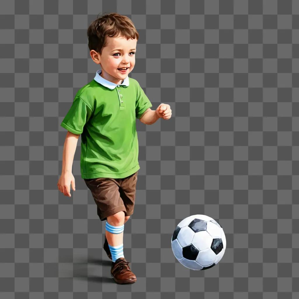 gift sketch A young boy in a green shirt and brown shorts plays soccer