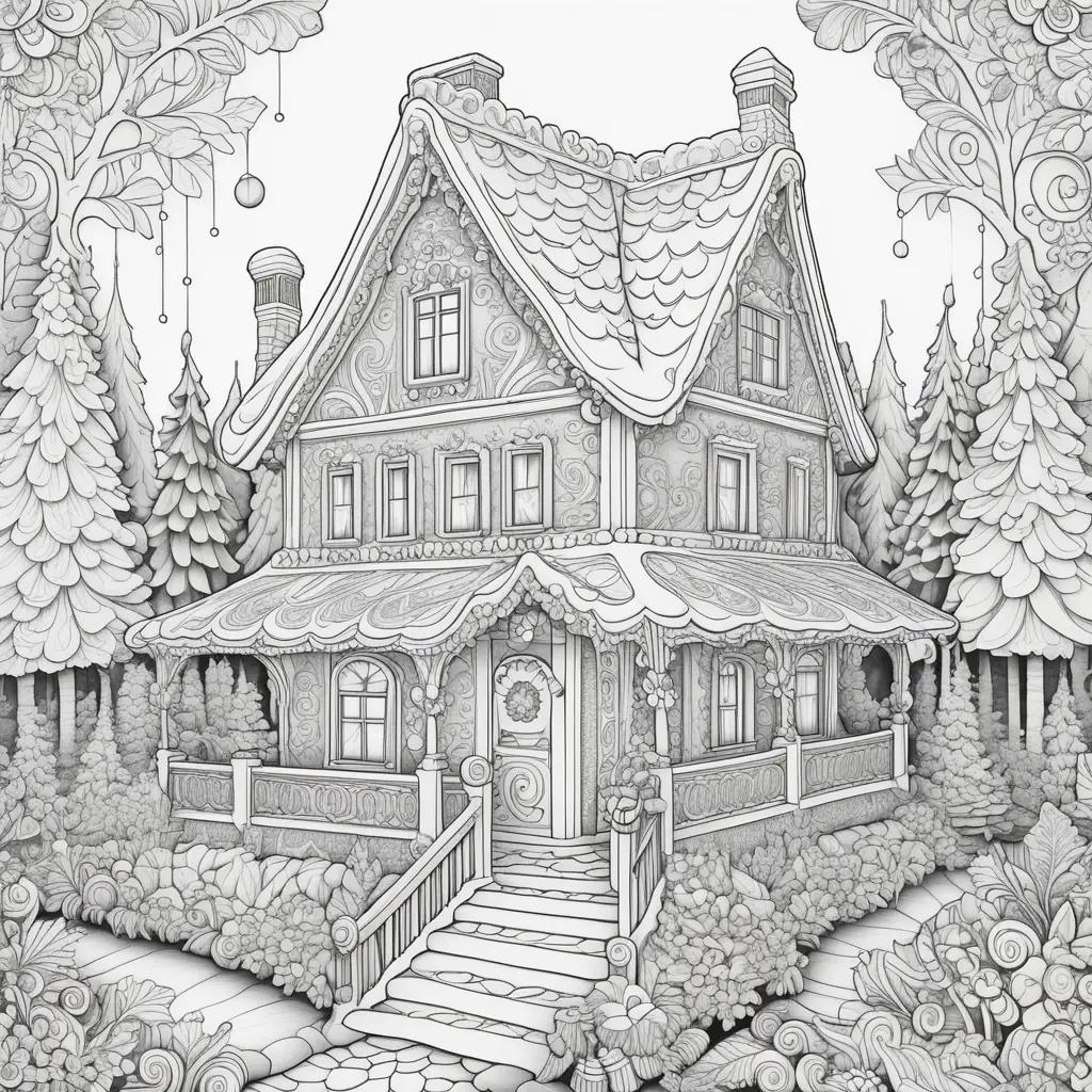 gingerbread house coloring page in black and white