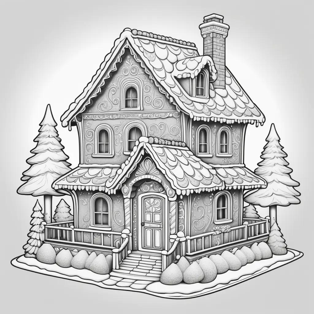 gingerbread house coloring page with a chimney and snow