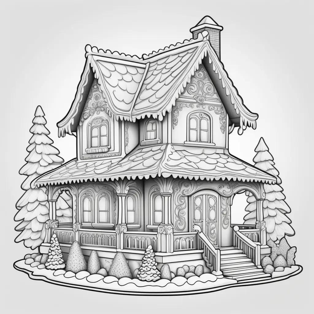 gingerbread house coloring page with a snowy background