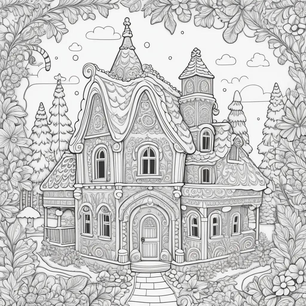 gingerbread house coloring page with a tree and clouds