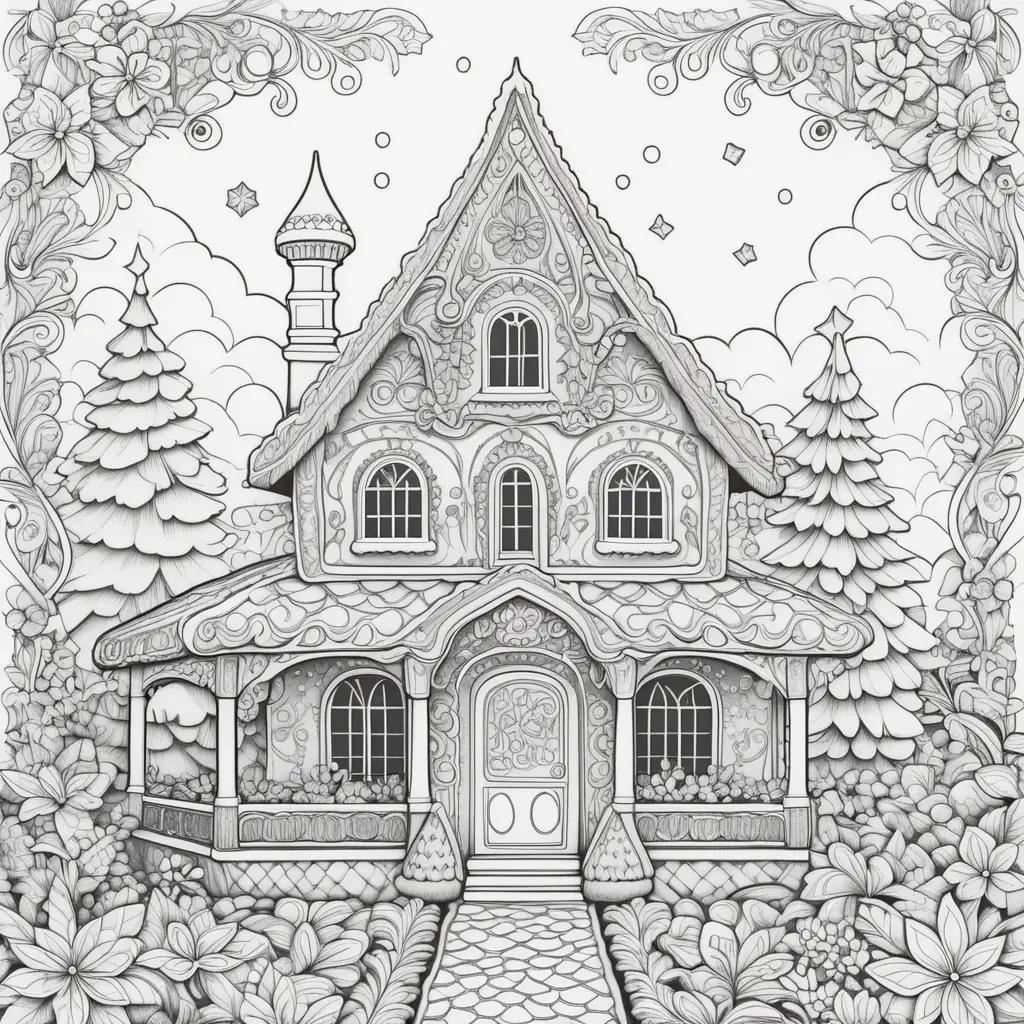 gingerbread house coloring page with snow and trees