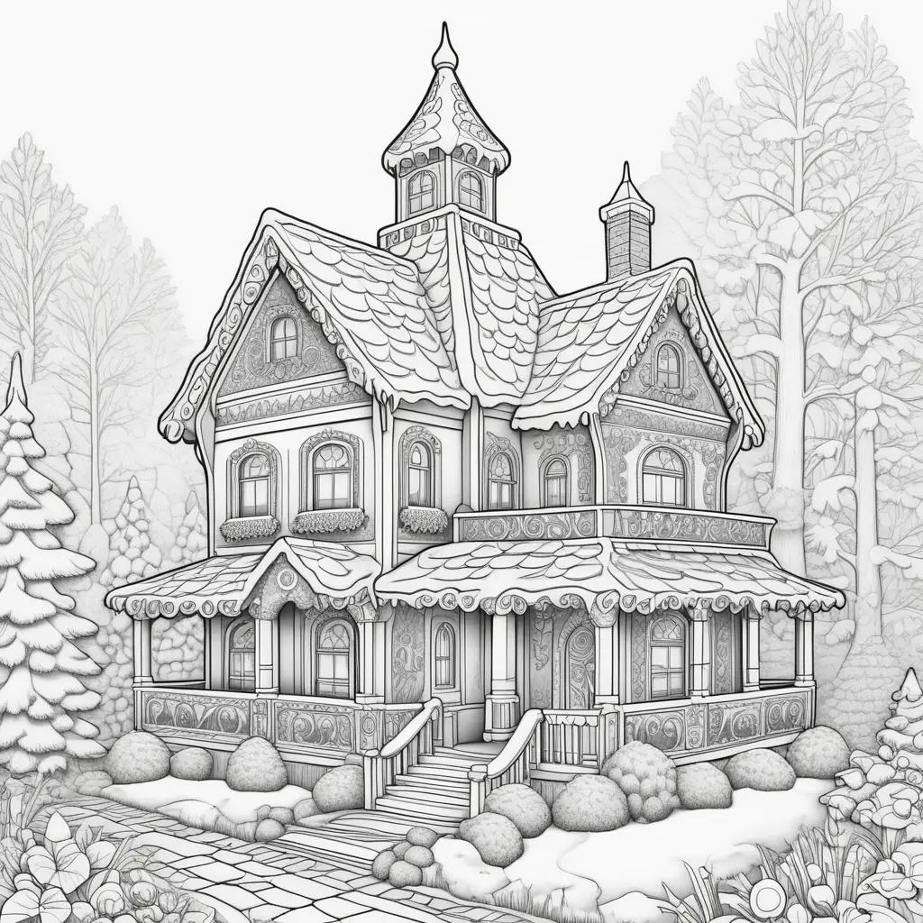 gingerbread house coloring page with trees and bushes in the background