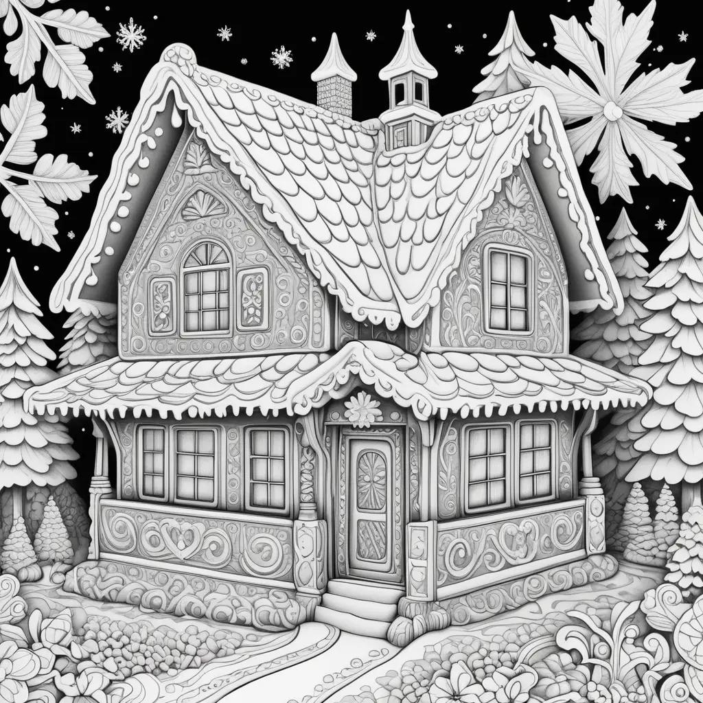 gingerbread house in a winter scene, with a snowy backdrop and snowflakes