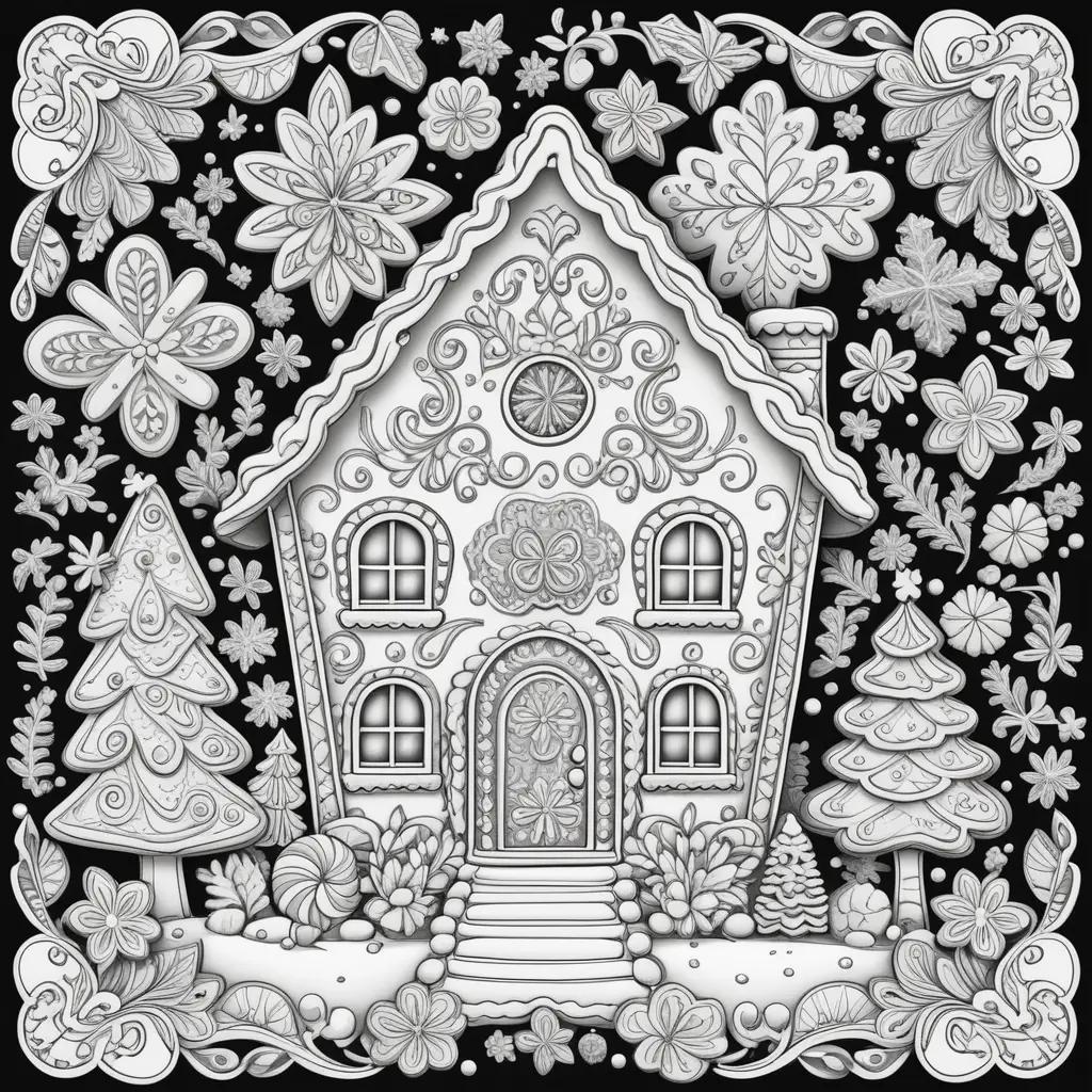 gingerbread house sits on a black and white coloring page