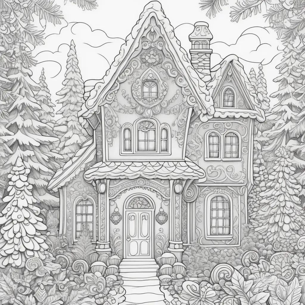 gingerbread house with a snowy landscape coloring page