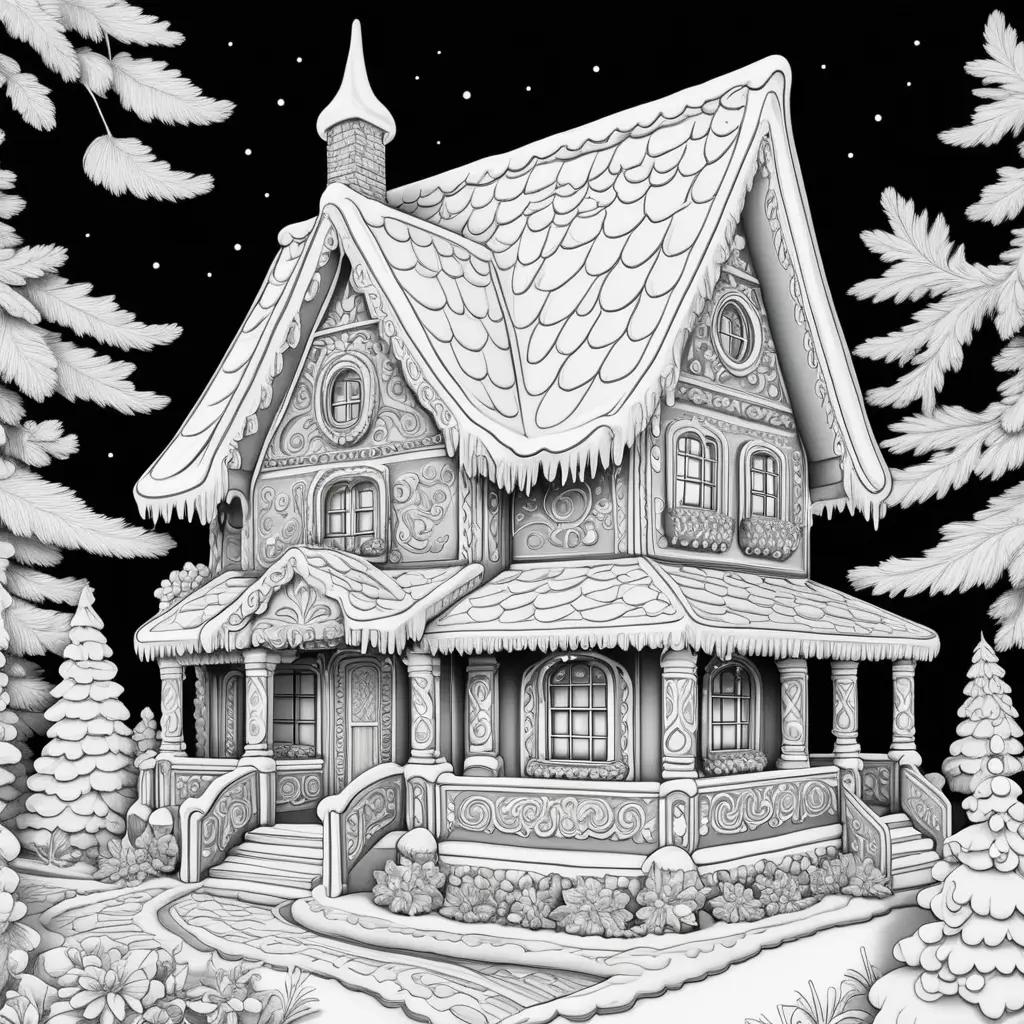 gingerbread house with snow and trees in a black and white coloring page