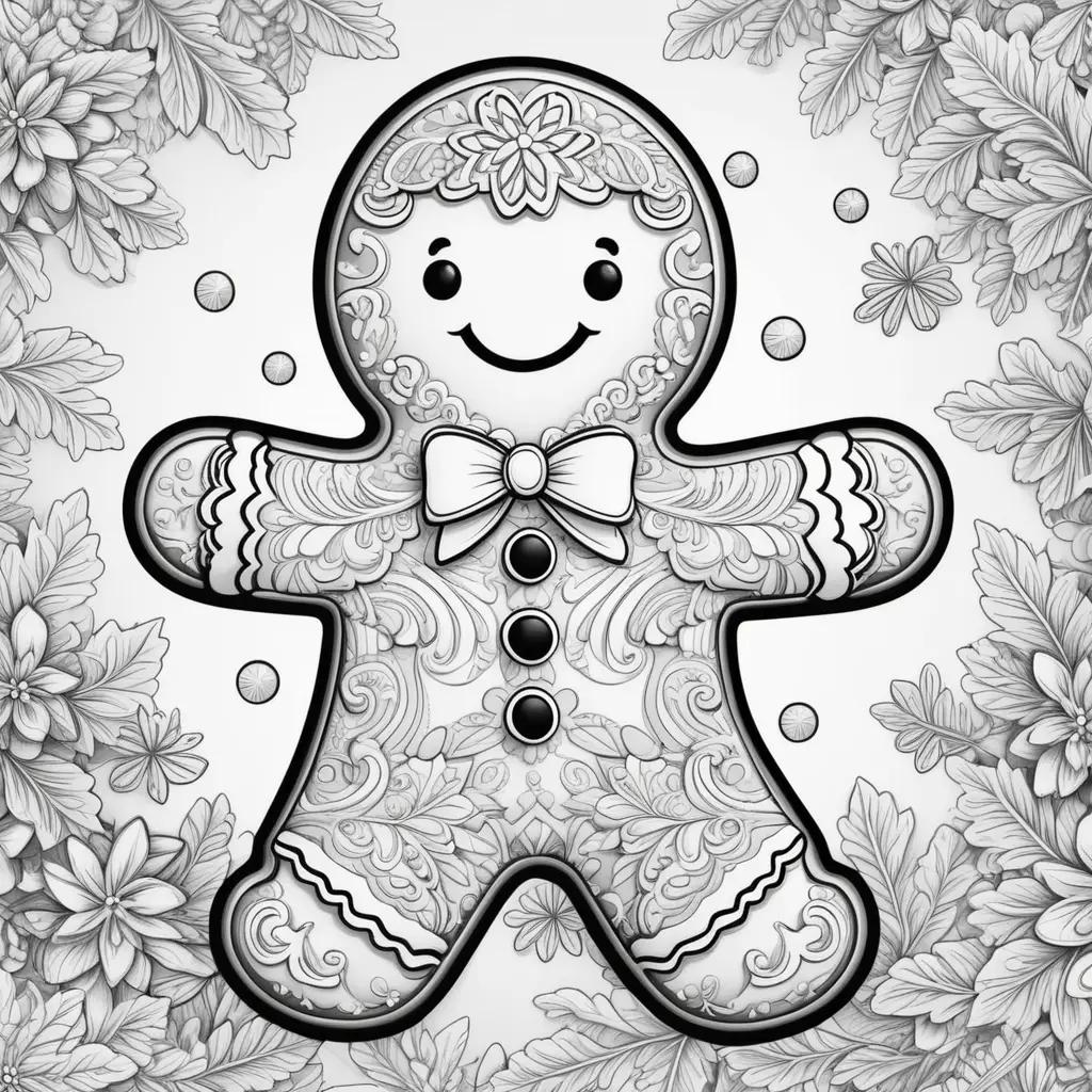 gingerbread man in a bow tie and flowers coloring page