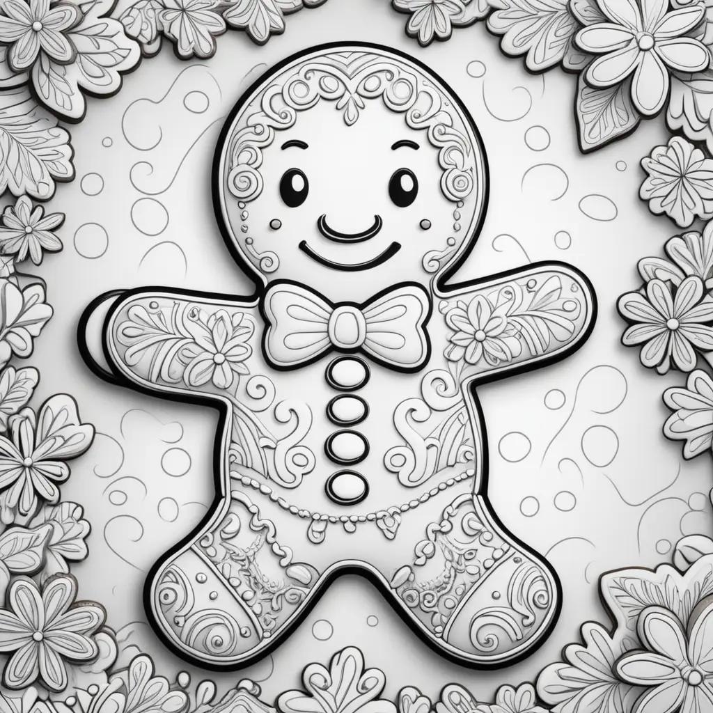 gingerbread man with a bow tie and a flower pattern coloring page