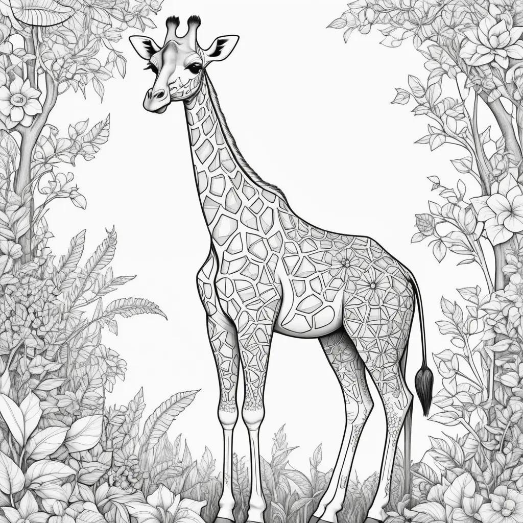 giraffe coloring page in a jungle setting