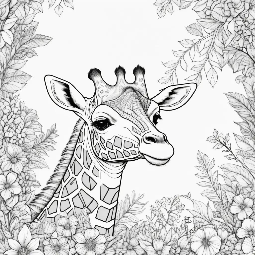 giraffe coloring page with a floral background