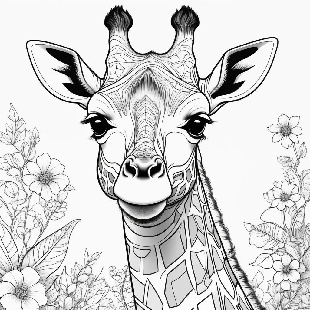 giraffe coloring page with flowers and leaves