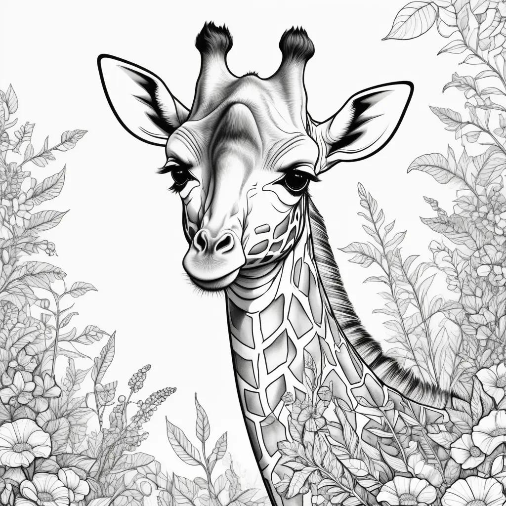 giraffe coloring page with flowers in the background