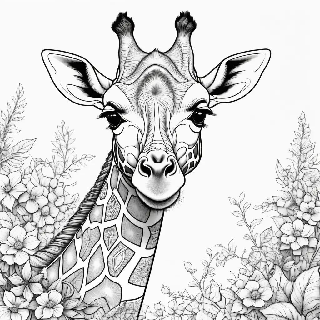 giraffe coloring page with flowers in the background