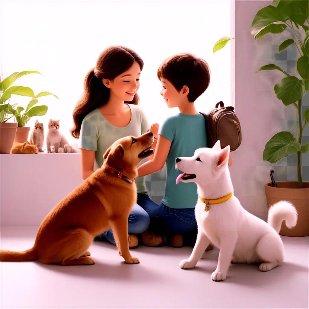 girl and boy petting dogs and a cat