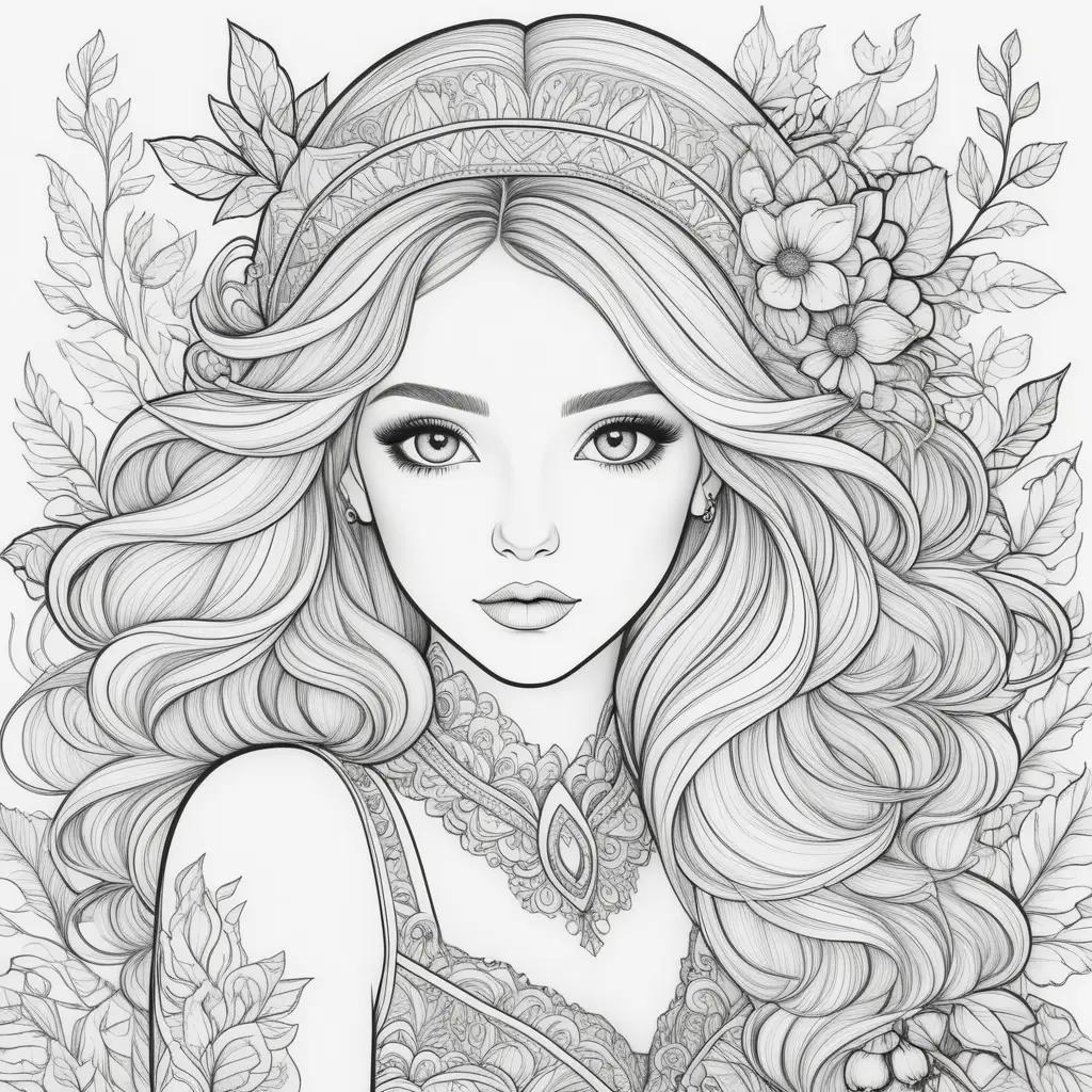 girl coloring page featuring a beautiful girl and flowers