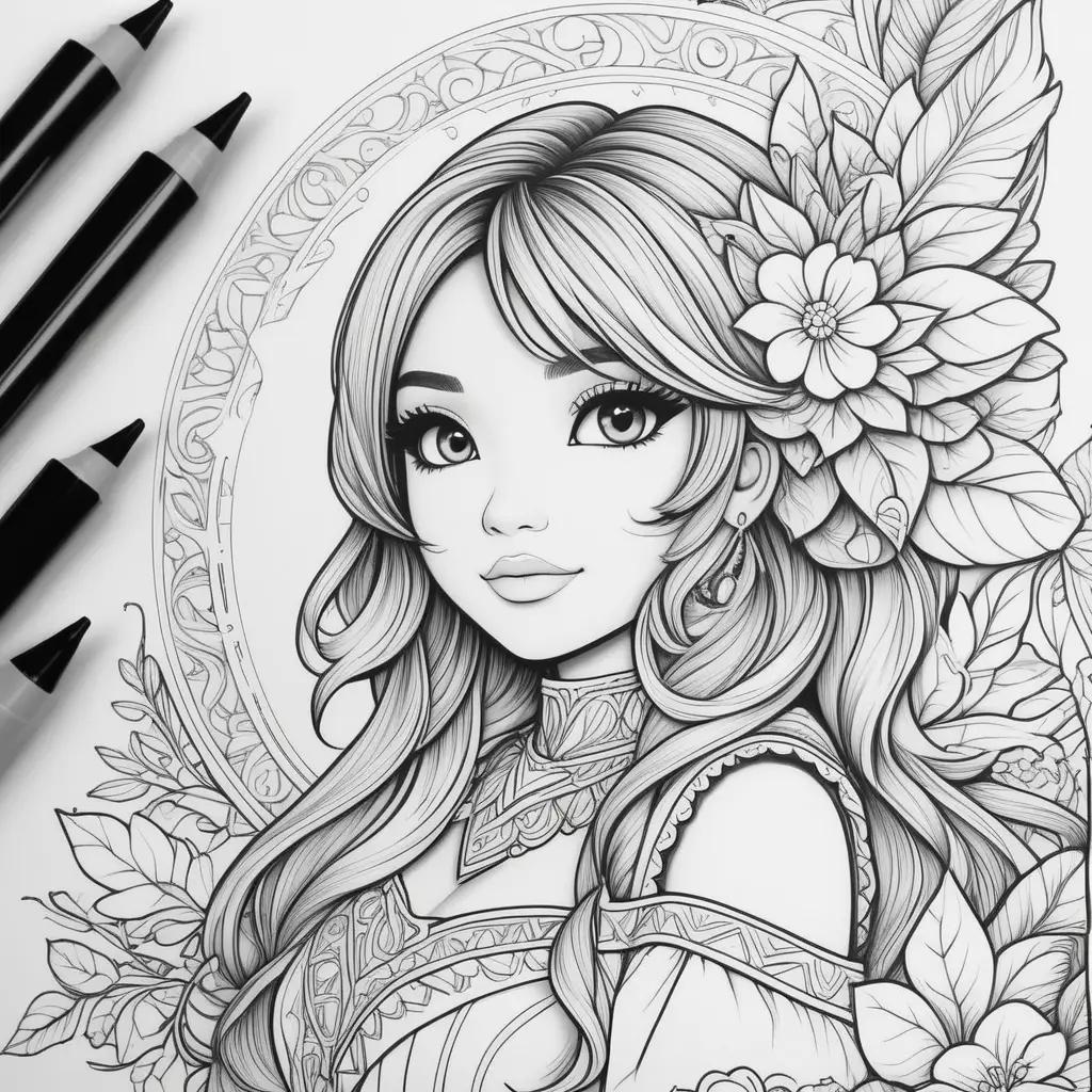 girl coloring page with a flower and a necklace