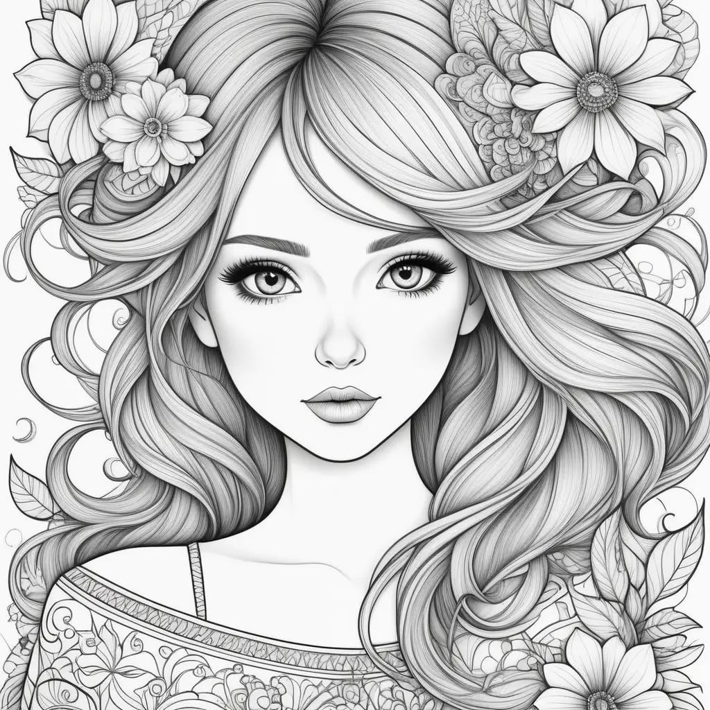 girl coloring page with flowers and a crown