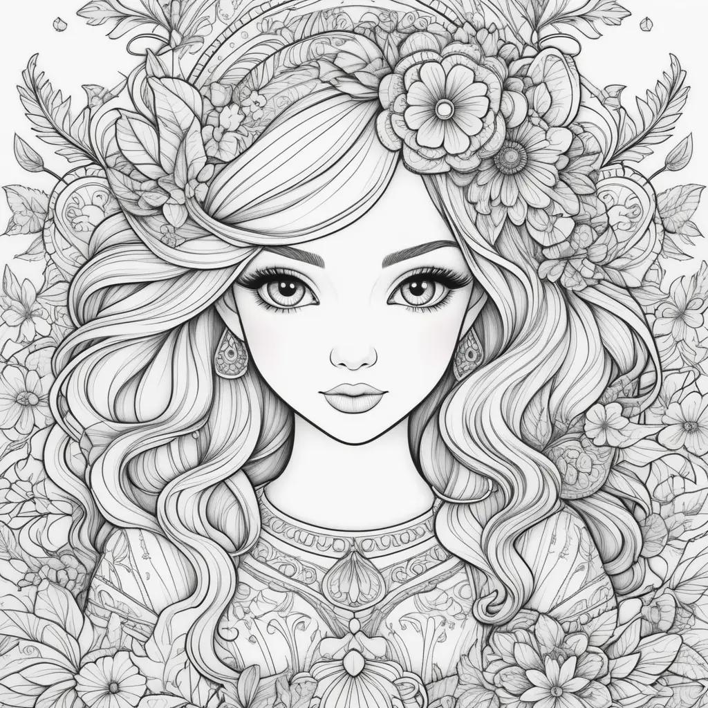 girl coloring page with flowers and jewelry