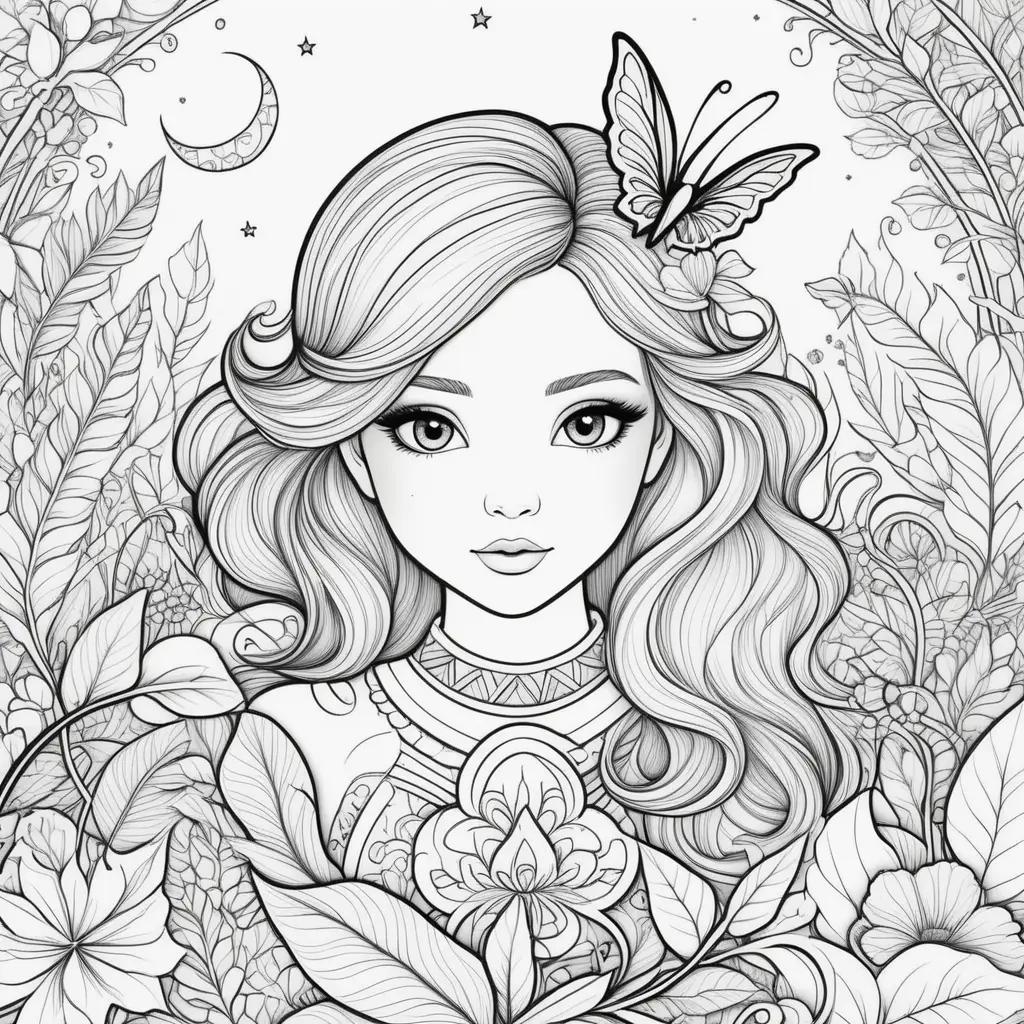 girl coloring pages with a butterfly and flowers